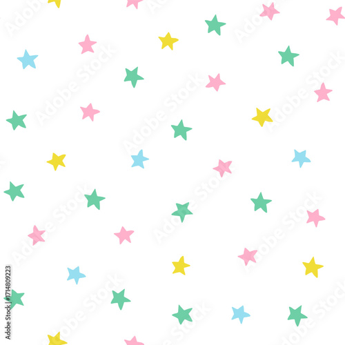 Cute colorful stars seamless pattern. Star shapes repeat background. Hand drawn fun childish abstract stars pattern.