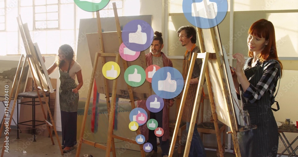 Naklejka premium Painting artists wearing aprons mixing colors on canvases in art studio, with easels and like icons