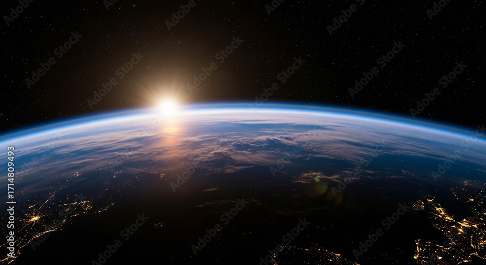 Fototapeta premium Earth from Space with Sunrise Over Horizon, City Lights, and Atmospheric Glow
