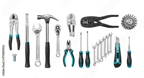 Professional hand tools with reflective metal and black/turquoise handles, precisely arranged flat lay on a transparent background with ample copy space, a concept of precision and craftsmanship