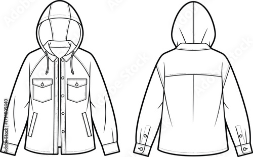 jacket, hooded, outerwear, fashion, clothing, apparel, garment, coat, casual, button, pocket, sleeve, collar, stylish, front, back, vector, design, sketch, illustration