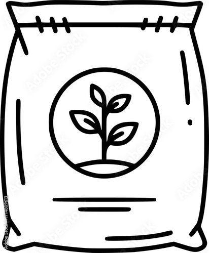 a black and white vector drawing of a fertilizer bag with a plant symbol in a circle, clean lines, minimalist style