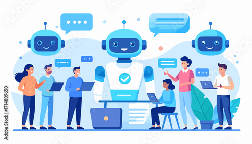 Team of humans and robots collaborating.