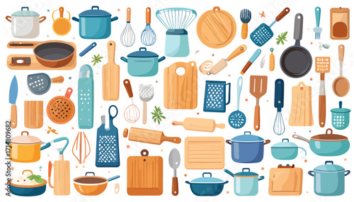 various kitchen utensils and cookware.