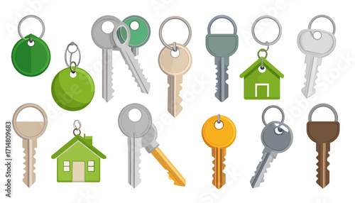 Vector set of various keys and keychains for home and property.