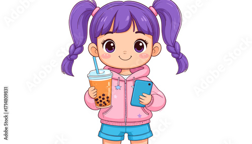 Adorable girl with purple hair holding boba tea and phone.