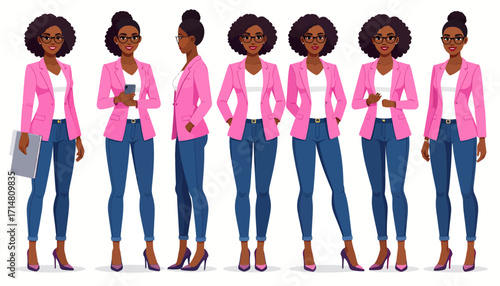 African American Businesswoman Character Poses Vector Set.