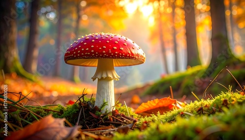 Autumnal forest fungi, vibrant fall colours, nature's captivating beauty