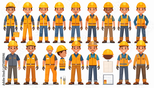 Cartoon Construction Workers Character Set with Safety Gear and Tools.