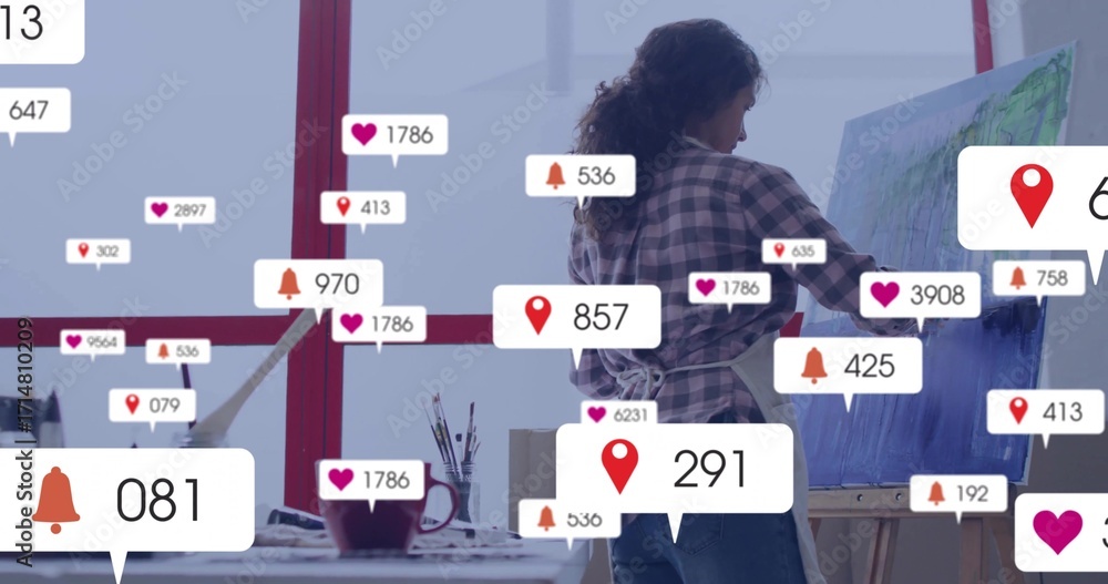 Fototapeta premium Mature artist in plaid shirt painting on canvas at art studio with notification icons, copy space