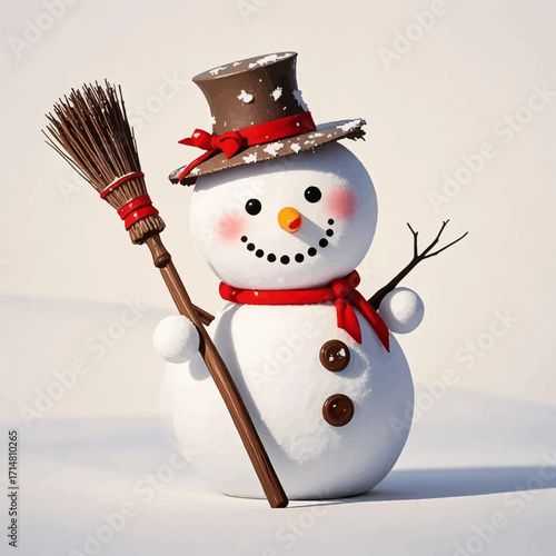 Cheerful snowman with hat, scarf, and broom, winter scene.