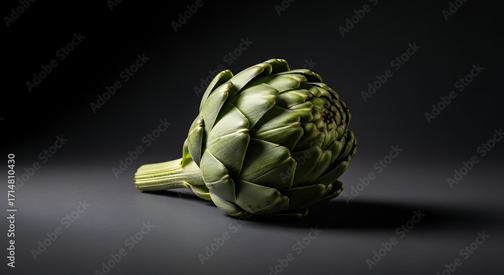 Fototapeta premium Elegant Green Artichoke, Dramatically Lit on Dark Background, Fresh Culinary Vegetable.