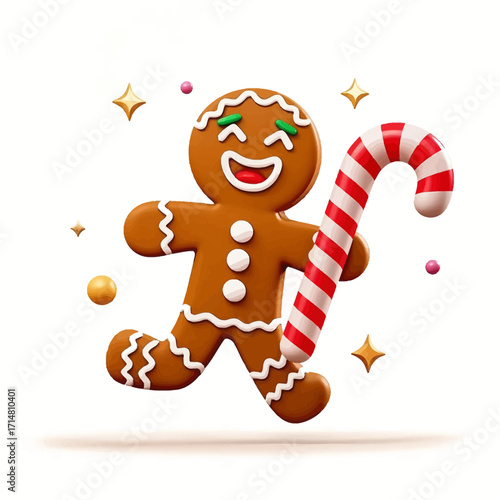 A cheerful 3D gingerbread man dancing with a large red and white striped candy cane.
