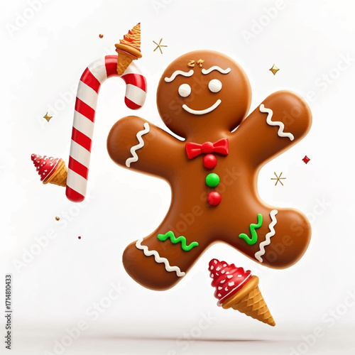 A cheerful 3D gingerbread man cookie floating with a candy cane and ice cream cones.