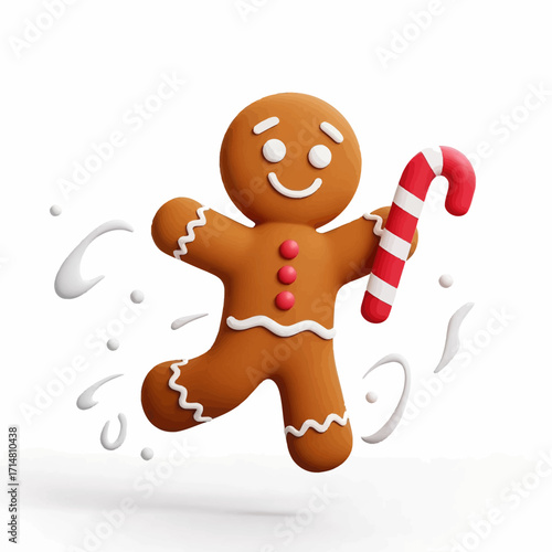 A joyful 3D gingerbread man cookie jumps happily while holding a candy cane, surrounded by icing splashes.