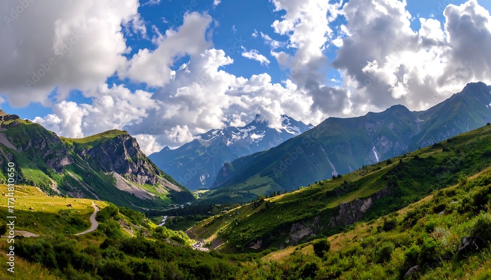 Fototapeta premium A breathtaking vista of a mountain valley, showcasing lush green slopes, winding roads, and towering peaks under a vibrant sky filled with puffy clouds.