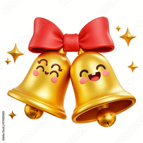 Two cheerful golden bells with happy cartoon faces and rosy cheeks, adorned with a vibrant red bow, surrounded by sparkling golden stars, evoking a festive a...