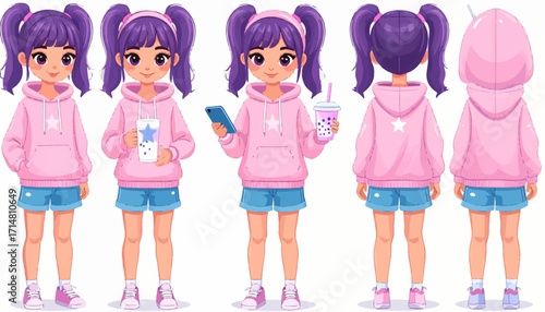 cute girl in pink hoodie and shorts, various views.