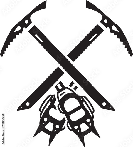 Ice Climbing Gear Vector Icon - Crossed Ice Axes and Crampons