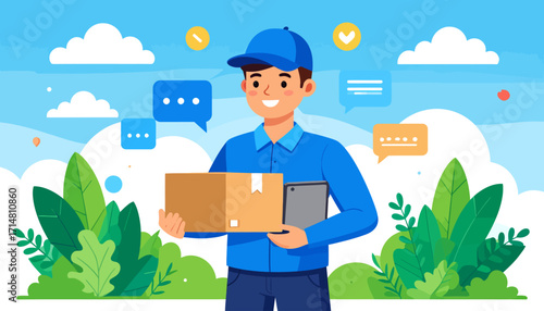 Delivery Man with Package and Tablet in Blue Uniform.