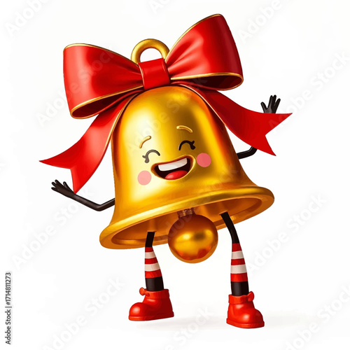 A cute, animated golden Christmas bell character with a shiny red ribbon, singing and dancing with joy.