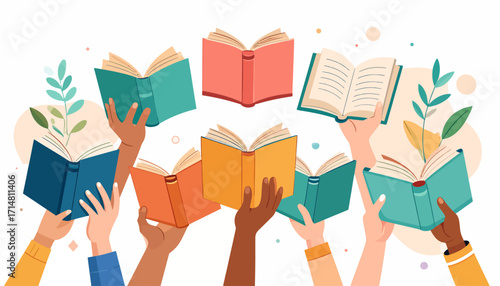 Diverse Hands Holding Open Books High.