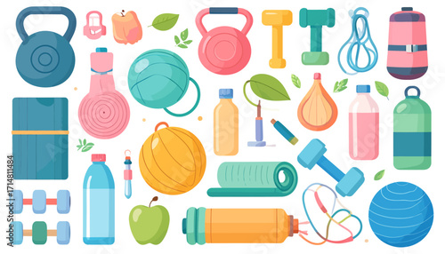Fitness Equipment Collection - Kettlebells, Dumbbells, Yoga Mats, and More.