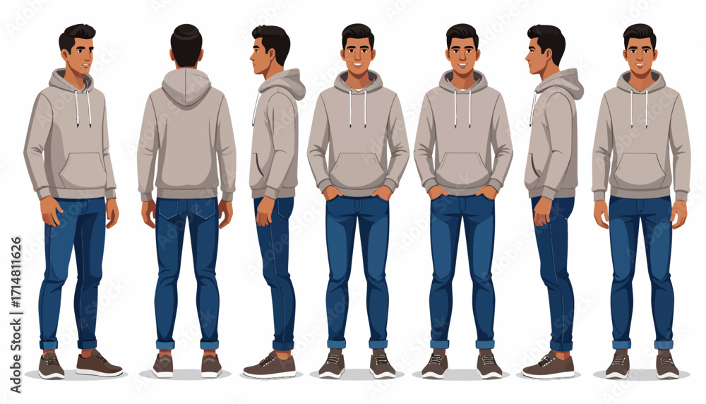 Fototapeta premium Full body view of a man wearing a gray hoodie and blue jeans, various poses.
