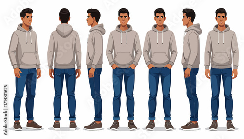 Full body view of a man wearing a gray hoodie and blue jeans, various poses.