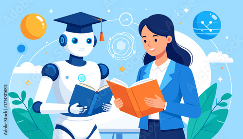 Human and Robot Studying Together.