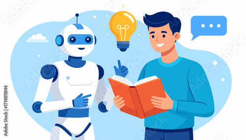 Man and Robot Collaborating with Book and Idea.