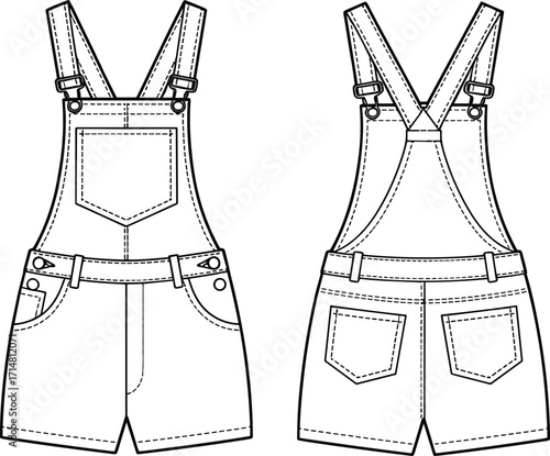 overalls, denim, short, bib, strap, buckle, pocket, belt, waistband, loop, casual, summer, fashion, clothing, apparel, garment, vector, design, sketch, illustration