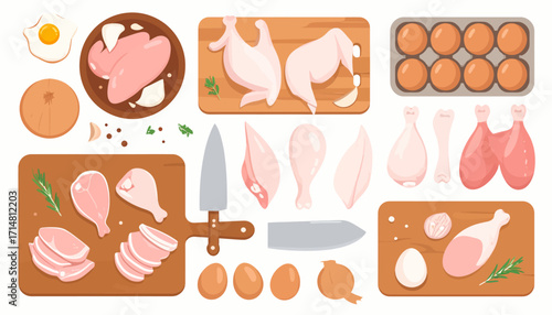 Raw chicken parts and fresh eggs for cooking preparation.