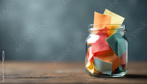 Colorful paper notes in glass jars on wooden table against grey background with blurred lights. Bokeh effect, created with generative ai