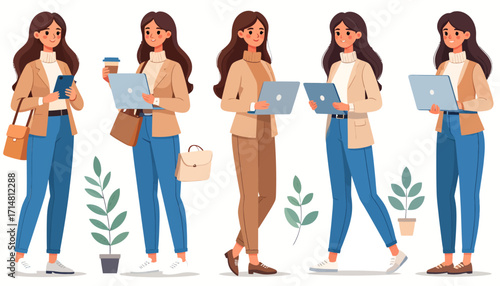 Set of a modern businesswoman character in various poses.