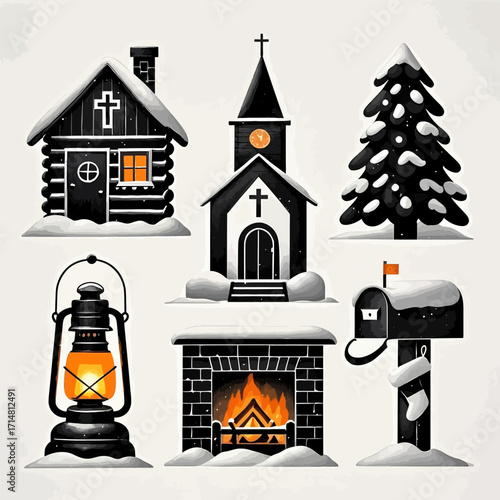 A charming collection of winter-themed illustrations depicting a log cabin, a church, a snow-covered Christmas tree, a lit lantern, a fireplace, and a mailbox.