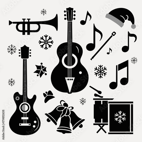 A festive collection of musical instruments and holiday symbols, including guitars, a trumpet, drums, bells, snowflakes, and a Santa hat, suggesting a Christmas music theme.