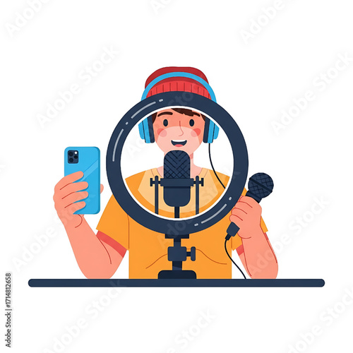 Young man vlogger streamer recording video podcast with ring light and microphone