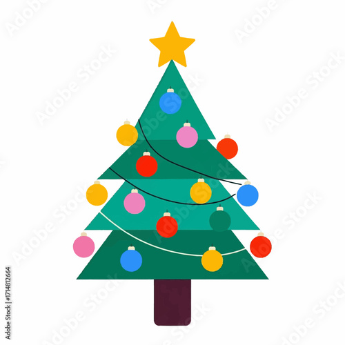 A vibrant, flat-design illustration of a decorated Christmas tree adorned with colorful baubles and a shining yellow star on its peak, set against a clean white background.