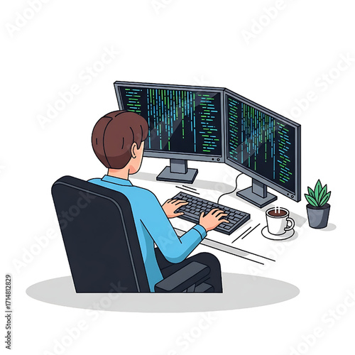 Programmer Coding on Computer with Dual Monitors Illustration