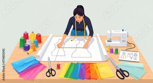 Fashion Designer Working on Dress Pattern with Sewing Supplies and Fabrics