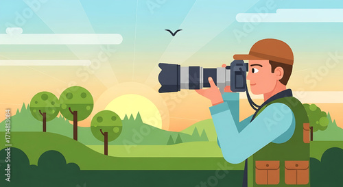 Man Photographer Bird Watching in Nature at Sunrise with Camera Illustration