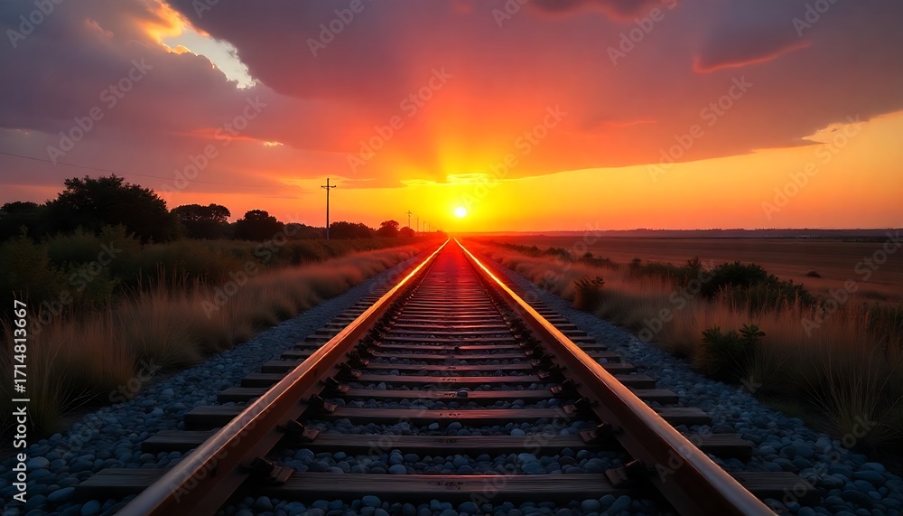 Fototapeta premium Scenic Sunset Railroad Tracks Leading to the Horizon, Scenic view of railroad tracks vanishing into horizon during sunrise sunset. Railway tracks lead straight to horizon, created with generative ai