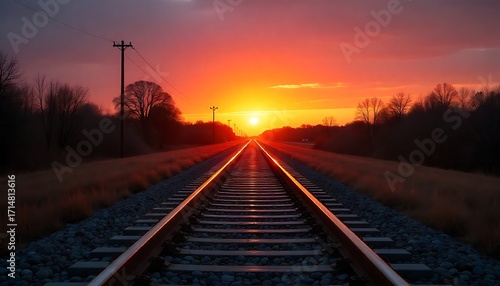 Scenic Sunset Railroad Tracks Leading to the Horizon, Scenic view of railroad tracks vanishing into horizon during sunrise sunset. Railway tracks lead straight to horizon, created with generative ai