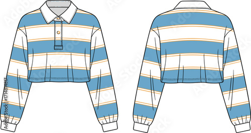 polo, shirt, cropped, long, sleeve, striped, collar, button, placket, fashion, clothing, apparel, garment, vector, design, sketch, outline, front, back, illustration