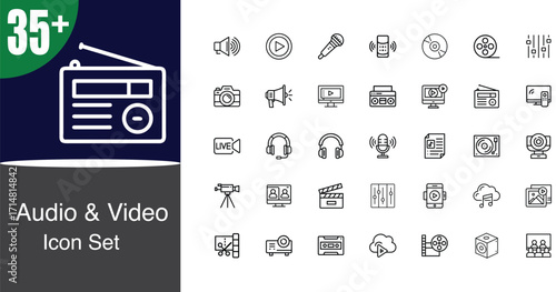 Extensive audio and video icon set featuring 35+ diverse multimedia symbols for digital applications