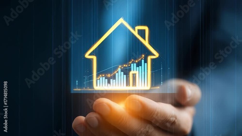 Real estate agent showcases hologram house and financial trends in innovative property display