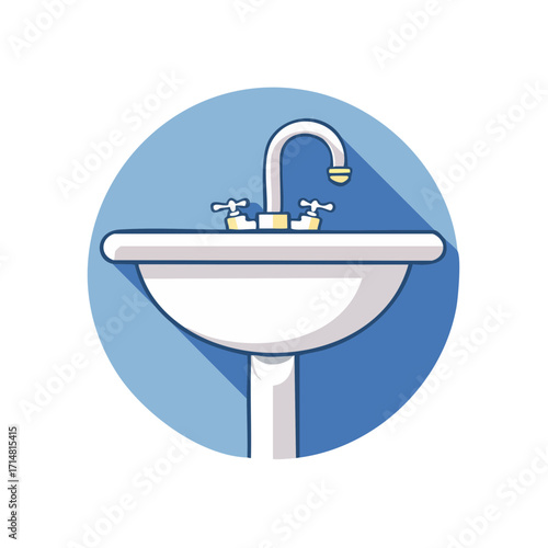 An illustration of a clean, modern, and stylish bathroom sink. The image features a close-up of a porcelain sink and a chrome faucet with a subtle blue background. 