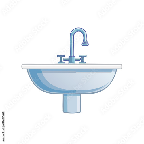 An illustration of a stylish, modern washbasin with a gleaming chrome faucet and control knobs. The basin appears clean and sanitary