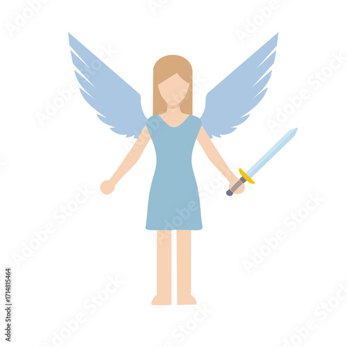 An angel with a sword and wings stands poised, a symbol of protection and hope. The figure is rendered in a simple, yet elegant style, suggesting a sense of divine grace